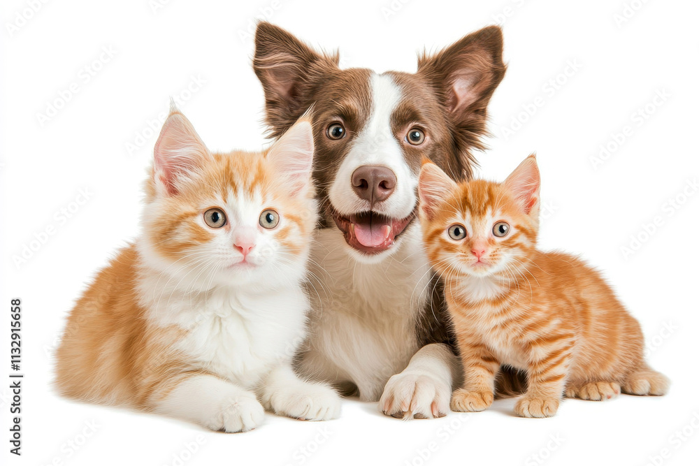 Fototapeta premium Adorable cat and dog with kitten on white background