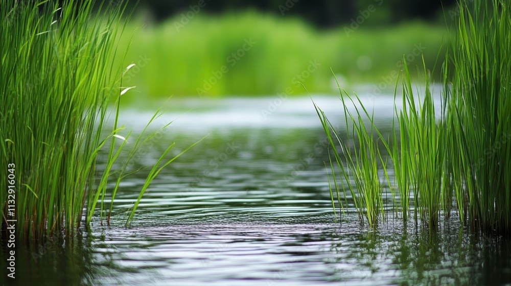 Obraz premium A serene water scene with tall green grass reflecting in calm water.