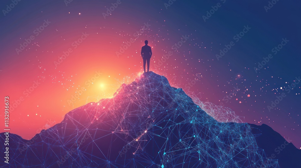 Fototapeta premium A silhouette stands atop a mountain, surrounded by a vibrant, digital landscape.
