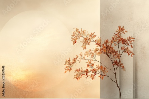 Autumn leaves decorate a serene interior with warm sunset hues in a minimalist setting