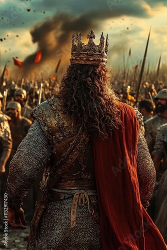A brave king commands his troops in an ancient battlefield.