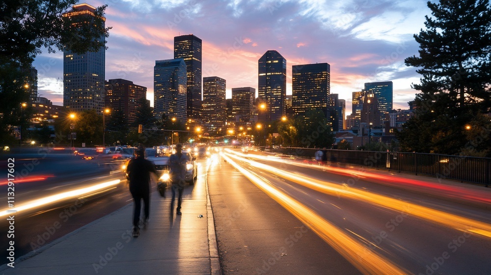 Obraz premium City skyline at sunset with blurred traffic and pedestrians.