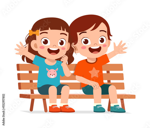 little kid and friend sit on the park bench