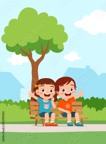 little kid and friend sit on the park bench
