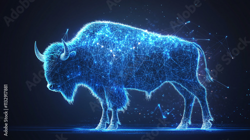 A cyber bison icon glowing with herd dynamics data, representing online wildlife conservation platforms, habitat restoration tools, and ecological research.  photo