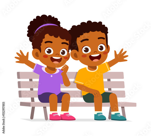 little kid and friend sit on the park bench