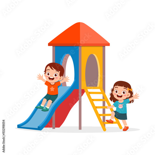 little kid play slide in the park with friend