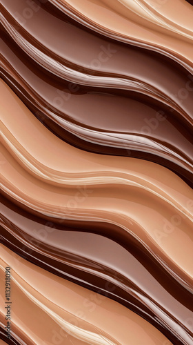 An abstract background features smooth flowing waves in warm tones of beige and brown, creating a sense of fluidity and elegance