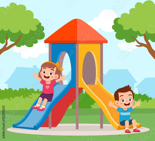 little kid play slide in the park with friend