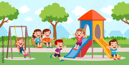 little kids playing in the playground with friends
