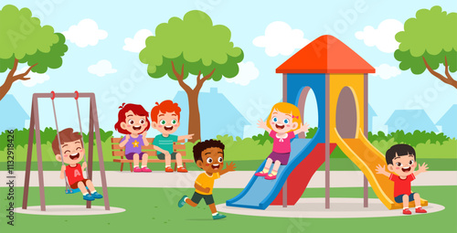 little kids playing in the playground with friends