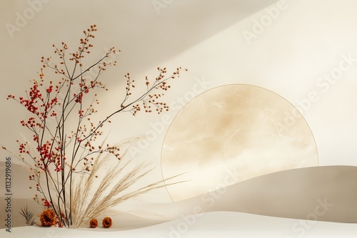 Stunning desert landscape with dried flora and large sun during golden hour photo