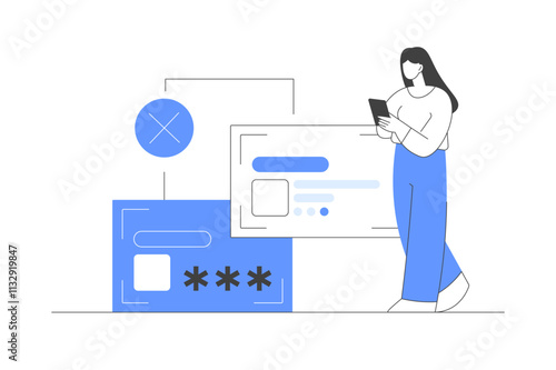 Woman Character having problems with blocked credit card, debts and loans. Making purchase, but getting payment rejected. Flat Cartoon Vector Illustration, icon. Stylish abstract