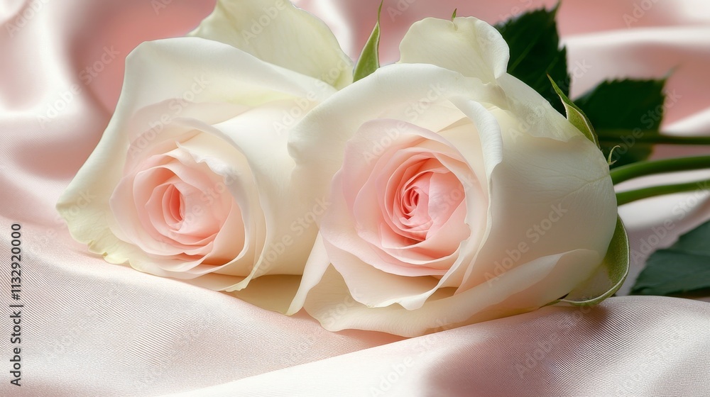 Fototapeta premium Two delicate pink rose resting on soft satin fabric, symbolizing love and beauty.