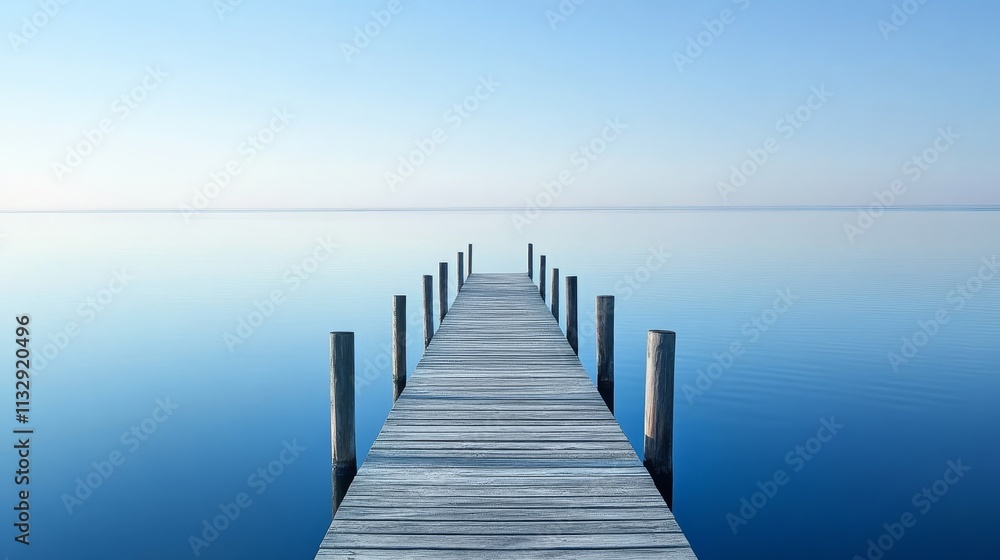 Fototapeta premium A serene wooden pier extending into calm blue waters under a clear sky.