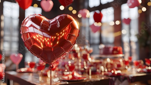 Valentine?s heart-shaped balloon, party table, red and pink decor, festive, romantic, joy, surprise, love, celebration, event, excitement, warmth. photo