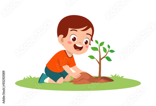little kid planting tree and feel happy