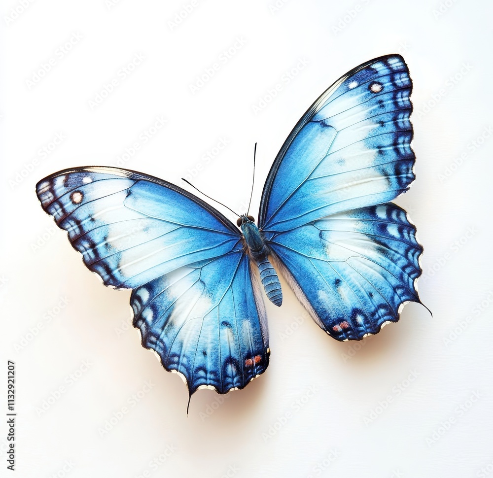 Obraz premium A vibrant blue and black butterfly positioned on a smooth white background, its wings open wide. The lower left corner is softly blurred, accentuating the delicate wing patterns and edges.