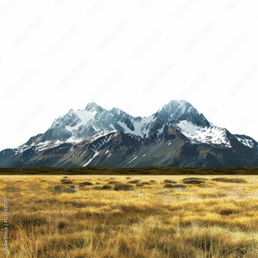 Fototapeta premium Majestic snow capped mountain peaks rise above a vast golden meadow, creating a breathtaking natural panorama