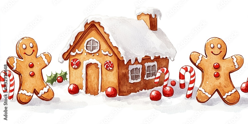 Fototapeta premium Gingerbread house surrounded by cheerful cookies and candy canes during winter festivities