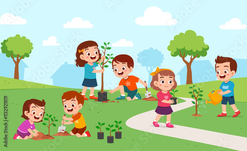 little kid planting tree and feel happy with friends