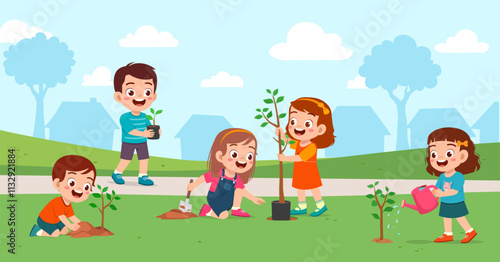 little kid planting tree and feel happy with friends
