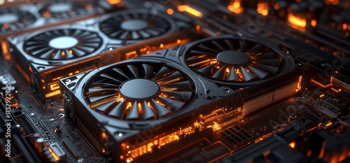 Wallpaper Mural Close-up of a computer graphics card with glowing fans and circuitry. Torontodigital.ca