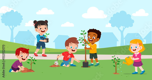 little kid planting tree and feel happy with friends