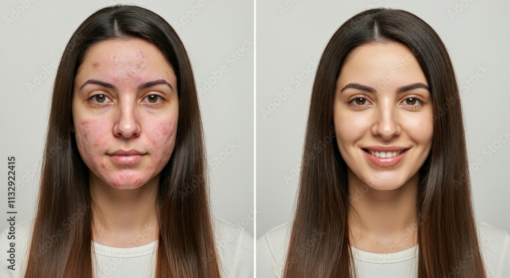 Skincare transformation: before and after of young caucasian woman with clear and acne-affected skin