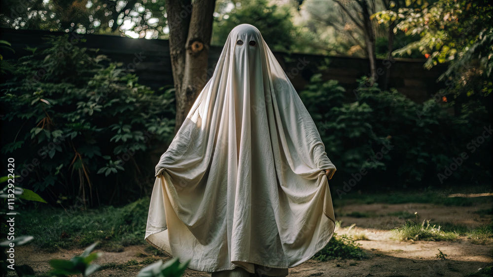 A ghostly figure shrouded in a flowing white cloth holds its arms out in a tranquil garden setting, surrounded by lush greenery and soft natural light A ghostly figure shrouded in a flowing white cloth holds its arms out in a tranquil garden setting, surrounded by lush greenery and soft natural light