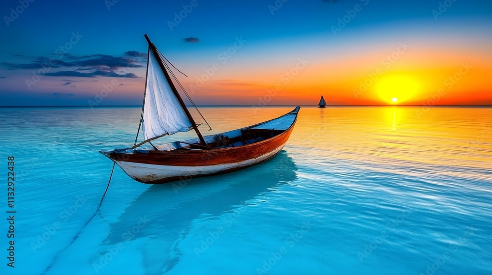Naklejka premium Wooden Boat on Calm Water at Sunset