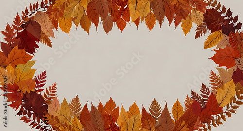 Autumnal Leaf Frame: A vibrant autumnal wreath composed of diverse leaves in warm hues of red, orange, and brown creates a charming frame, perfect for fall-themed designs.