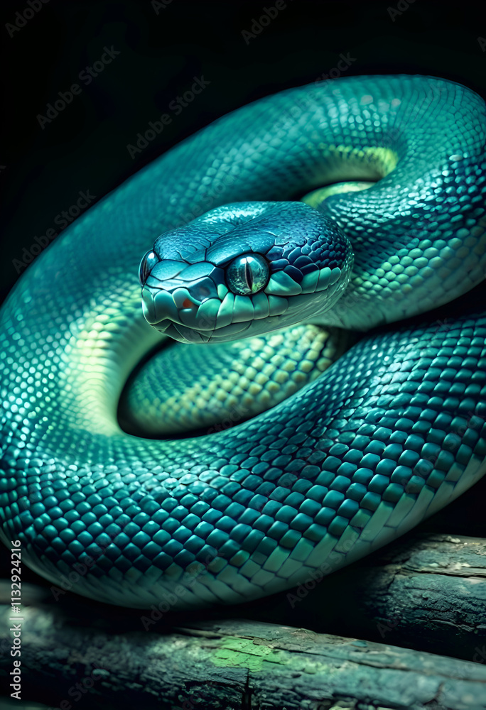amazing turquoise snake posing on logs against dark background. close up. Ai generated