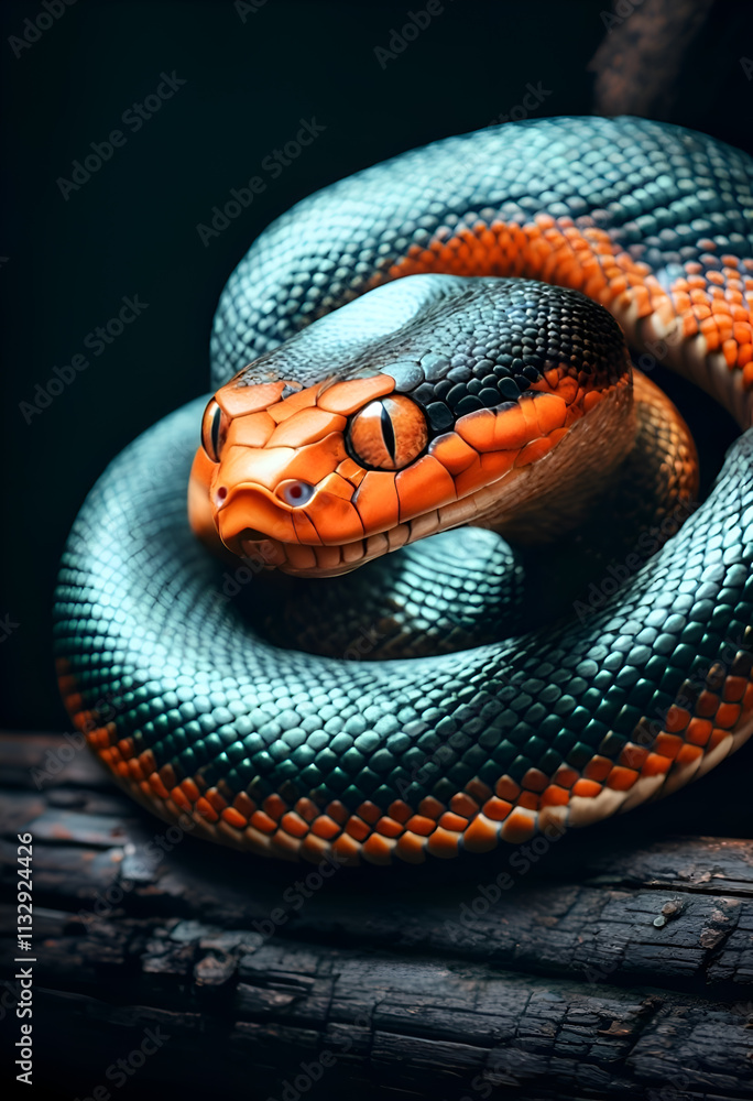 amazing orange-turquoise snake posing on logs against dark background. close up. Ai generated