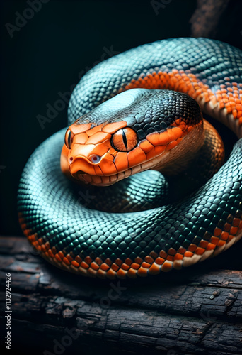 Obraz na płótnie amazing orange-turquoise snake posing on logs against dark background. close up. Ai generated w salonie