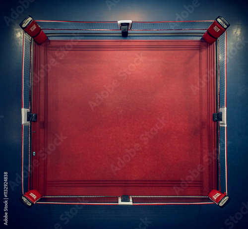top view of The boxing ring is empty. There are no people, no boxers, no athletes.