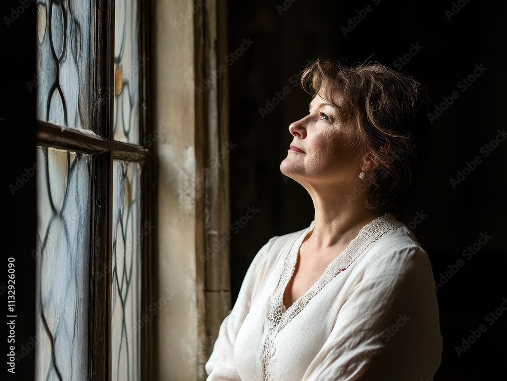 Fototapeta premium Graceful Aesthetic Concept. A contemplative woman gazes out of a window, illuminated by soft light, evoking feelings of reflection and serenity.