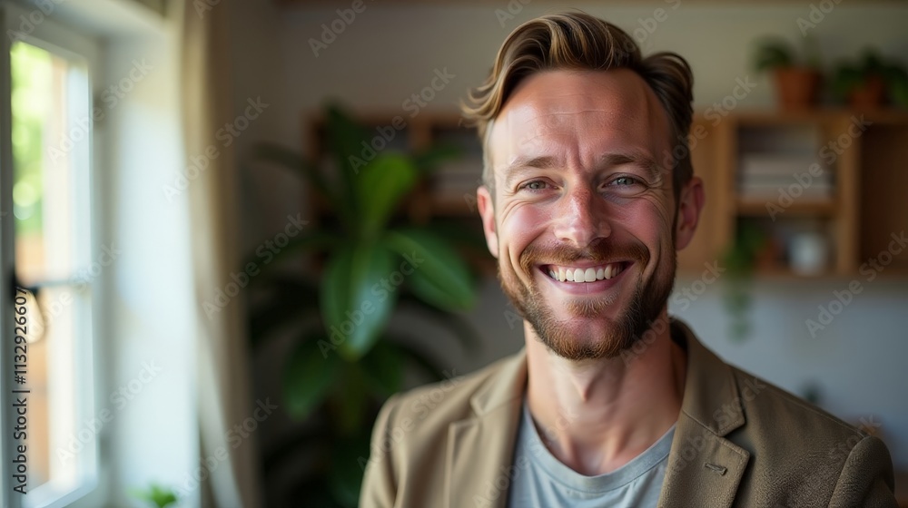 Obraz premium Confident Smiling Man in a Bright Residential Setting Surrounded by Plants