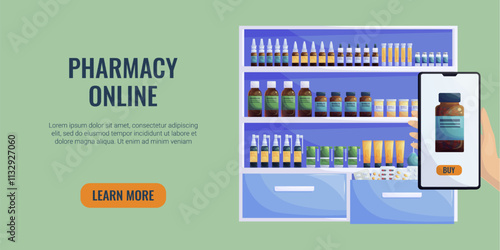 A man's hand holds a smartphone to pay for medications online. Pharmacy home delivery service for medications. Shelves and drawers of medications in a closet. Vector cartoon illustration