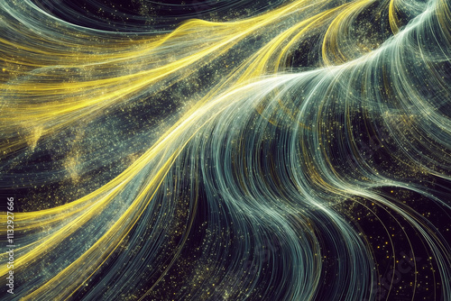 Yellow and green abstract energy background with wavy lines and sparkles on black with copy space