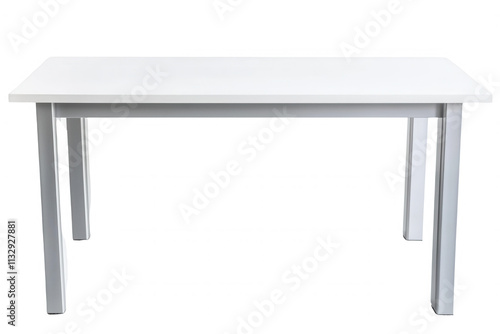 A white table with a minimalist design stands isolated against a transparent background, showcasing its sleek rectangular shape. Ideal for dining, studying, or workspace organization in contemporary s photo