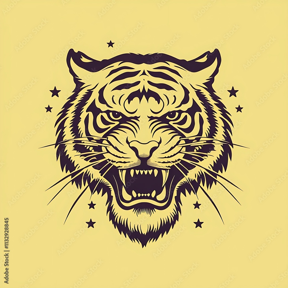 Obraz premium Tiger head vector illustration on yellow background with stars and space for text