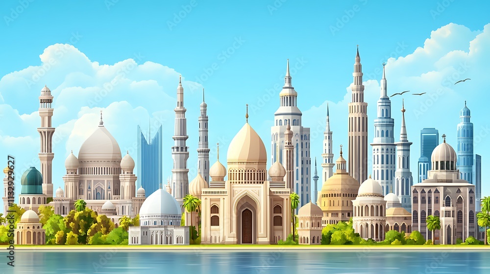 Obraz premium A modern cityscape with various religious buildings such as churches, mosques, temples, and synagogues coexisting harmoniously, representing the evolution and diversity of world religions 