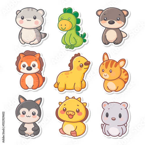 Nine adorable baby animals are stickers featuring a dinosaur.