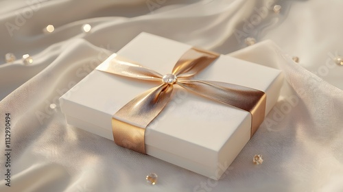 A simple yet elegant wedding favor package with a gold ribbon and minimalistic design on a soft fabric surface, creating an elegant vibe.