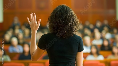 confident woman standing before a large audience at an international conference, raising her hand to speak, symbolizing global leadership and influence. [Women]:[leadership]  photo