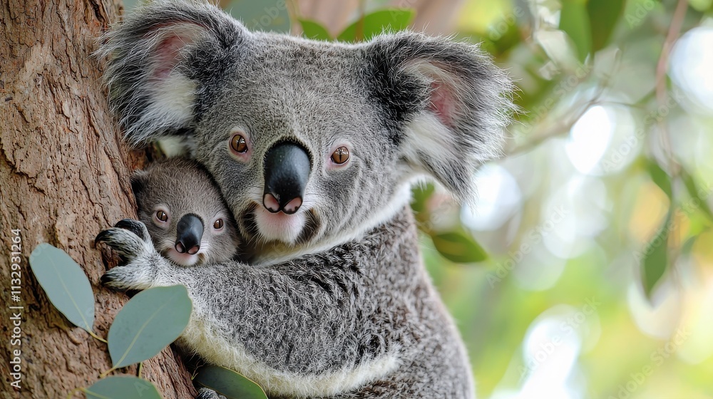 Obraz premium Tender Moment of Koala With Joey on Tree