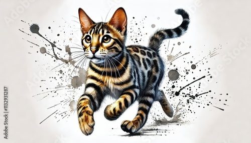 bengal, cat, running pose, animal in watercolor painting, alcohol ink, colorfull illustration, photo