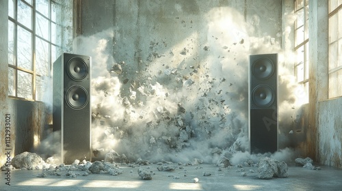 Powerful Sound: Speakers Causing an Explosion of Debris in an Abandoned Factory photo