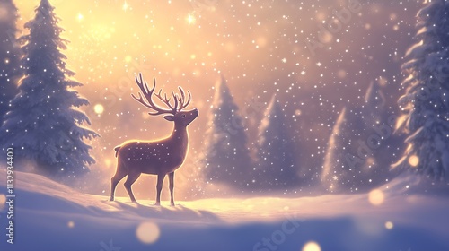 A reindeer in a magical snowy landscape with twinkling Christmas trees and starry skies, leaving room for text on a festive banner